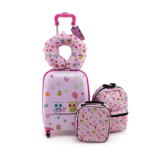 5 Piece Kids Luggage Set with Backpack  Neck Pillow  Name Tag  Lunch Bag, Pink