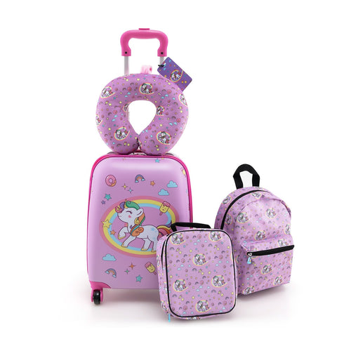 5 Piece Kids Luggage Set with Backpack  Neck Pillow  Name Tag  Lunch Bag-Hot Pink, Purple