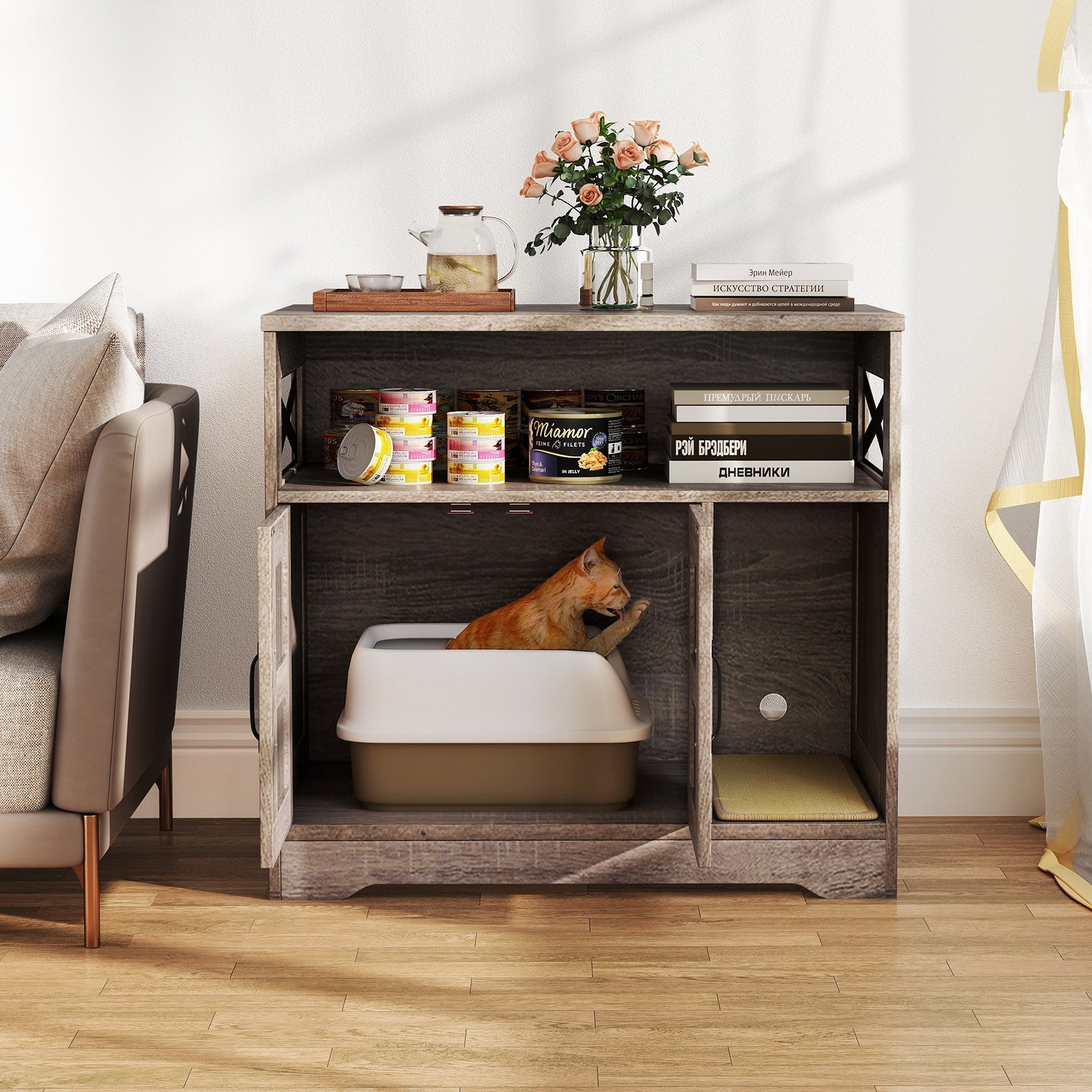 Cat Litter Box Enclosure Hidden Cat Washroom Furniture with Storage-Grey, Gray Cat Houses at Gallery Canada