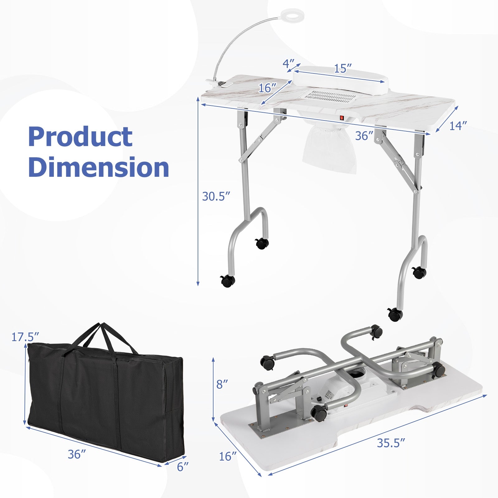 Folding Manicure Nail Table with Electric Dust Collector, White Spa & Salon at Gallery Canada