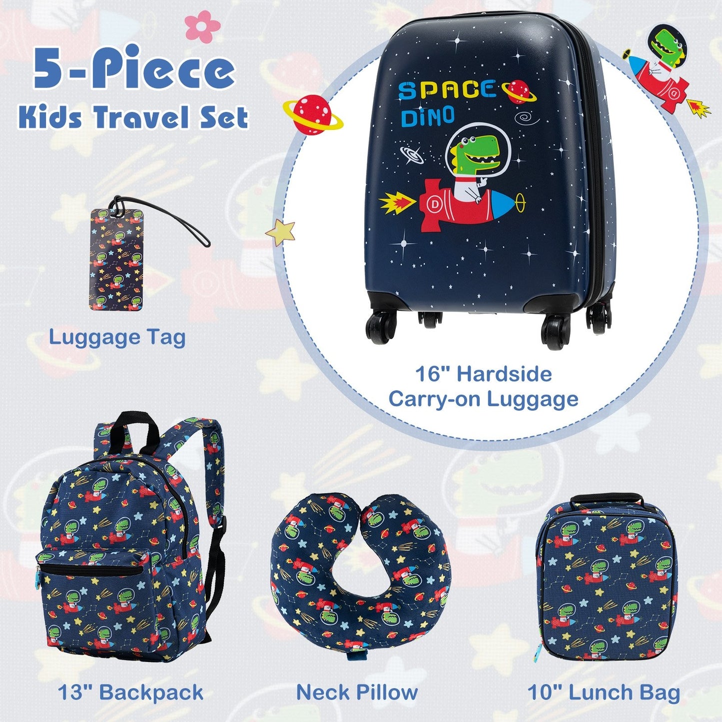 5 Piece Kids Luggage Set with Backpack  Neck Pillow  Name Tag  Lunch Bag, Dark Blue