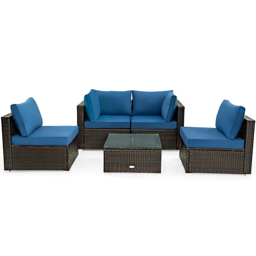 5 Piece Cushioned Patio Rattan Furniture Set, Glass Table, Navy