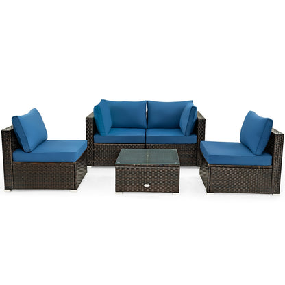 5 Pieces Cushioned Patio Rattan Furniture Set with Glass Table, Navy Outdoor Sectionals Navy at Gallery Canada