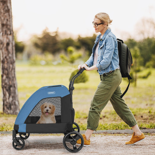 4 Wheels Extra Large Dog Stroller Foldable Pet Stroller with Dual Entry, Blue - Gallery Canada