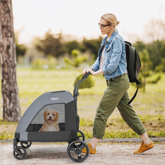 4 Wheels Extra Large Dog Stroller Foldable Pet Stroller with Dual Entry, Gray - Gallery Canada