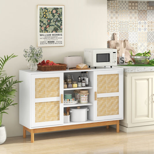 48 Inch Sideboard Buffet Cabinet Floor Storage Cabinet with 2 Bamboo Woven Doors, White - Gallery Canada