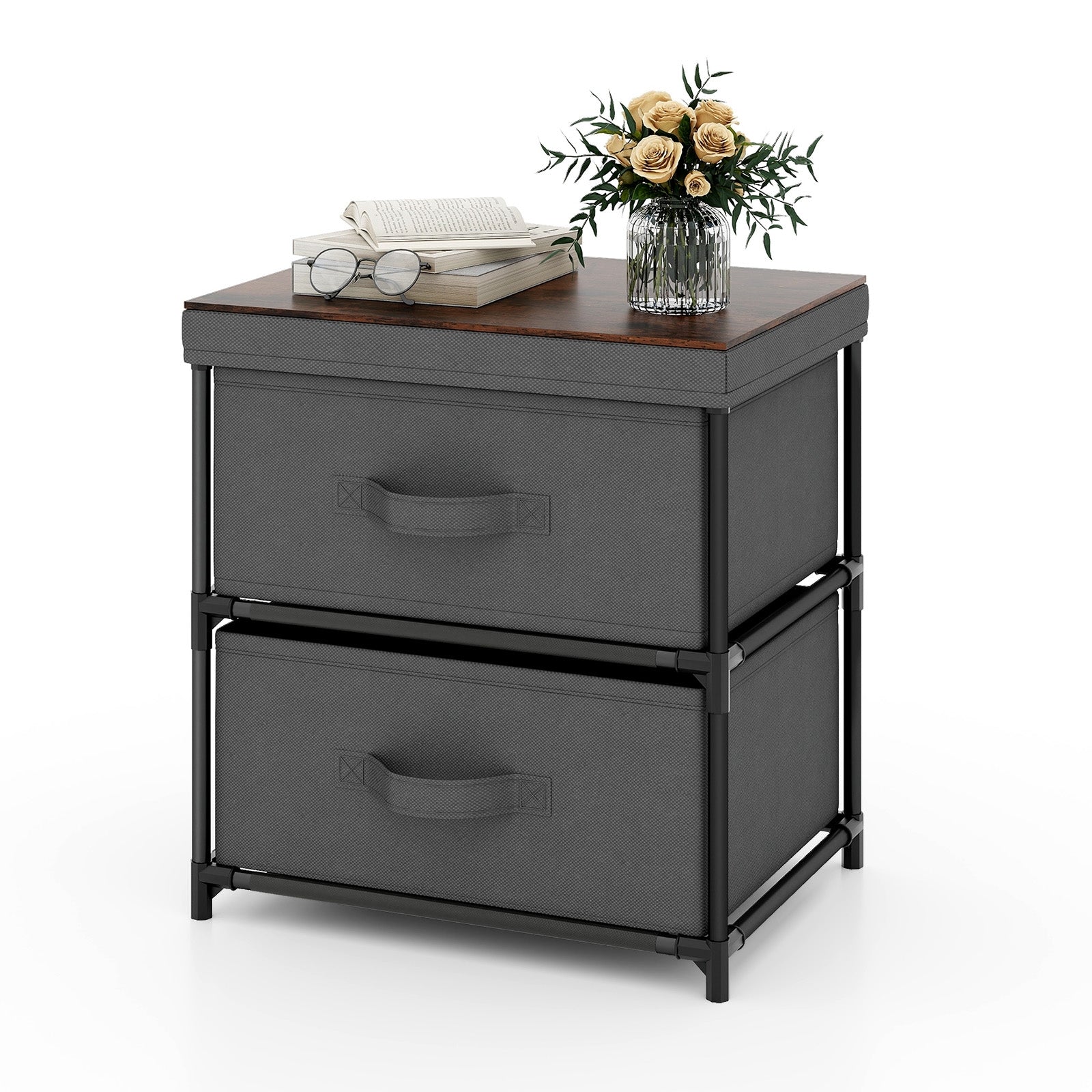 2-Drawer Nightstand with Removable Fabric Bins and Pull Handles, Gray Nightstands Gray at Gallery Canada