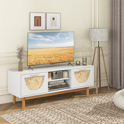 Mid Century Modern TV Stand Entertainment Center for 55-Inch TV with 2 Drawers and Bamboo Woven Fronts, White Entertainment Centers & TV Stands at Gallery Canada