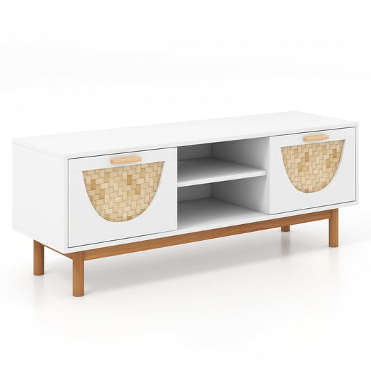 Mid Century Modern TV Stand Entertainment Center for 55-Inch TV with 2 Drawers and Bamboo Woven Fronts, White - Gallery Canada