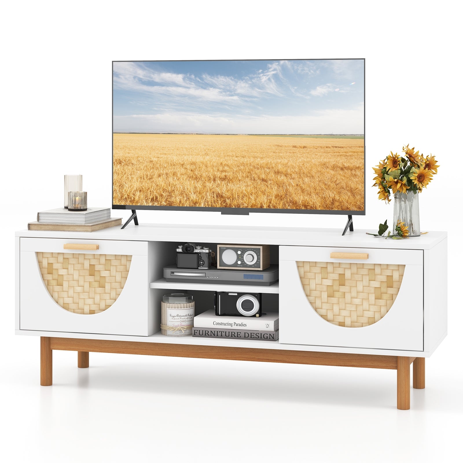 Mid Century Modern TV Stand Entertainment Center for 55-Inch TV with 2 Drawers and Bamboo Woven Fronts, White Entertainment Centers & TV Stands at Gallery Canada