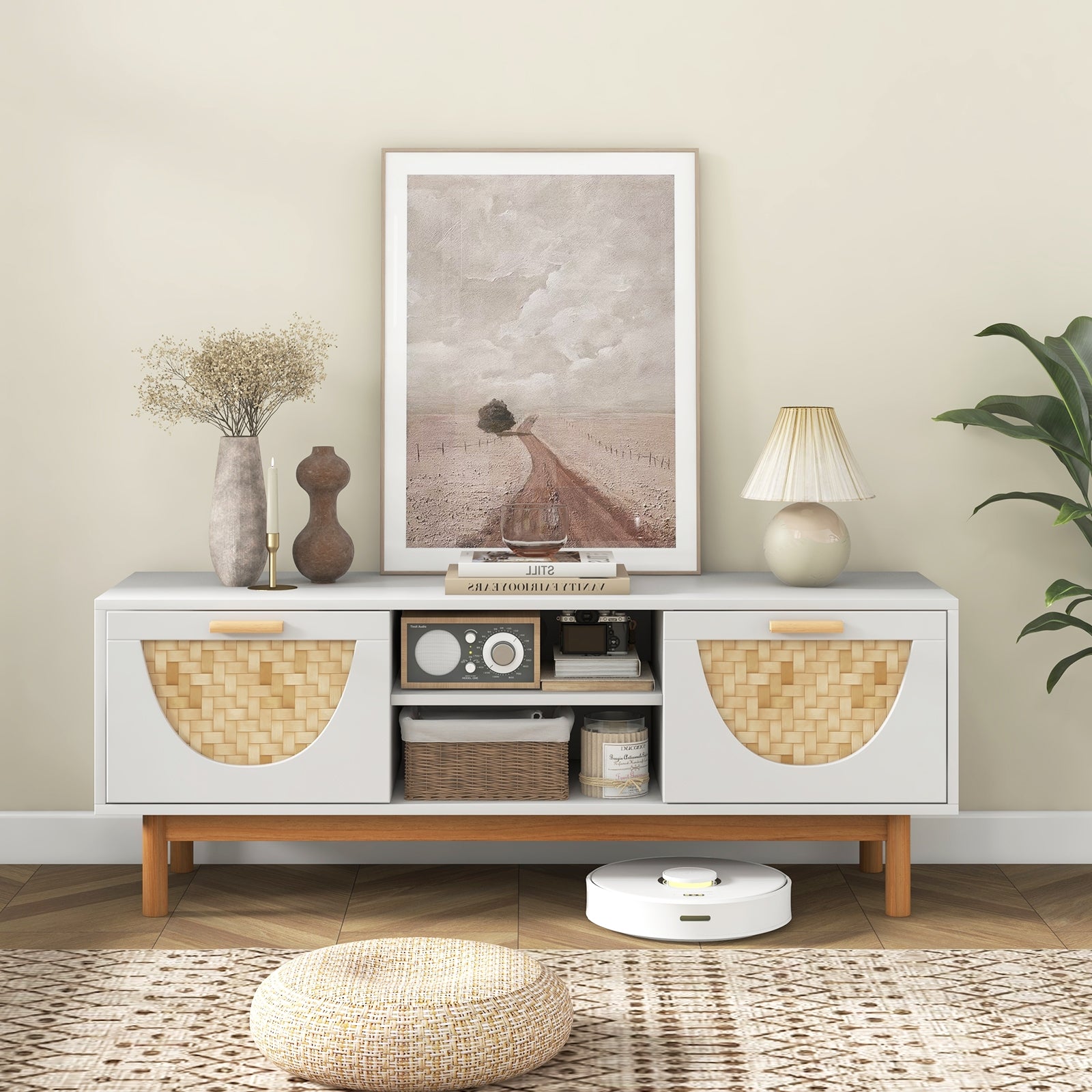 Mid Century Modern TV Stand Entertainment Center for 55-Inch TV with 2 Drawers and Bamboo Woven Fronts, White Entertainment Centers & TV Stands at Gallery Canada