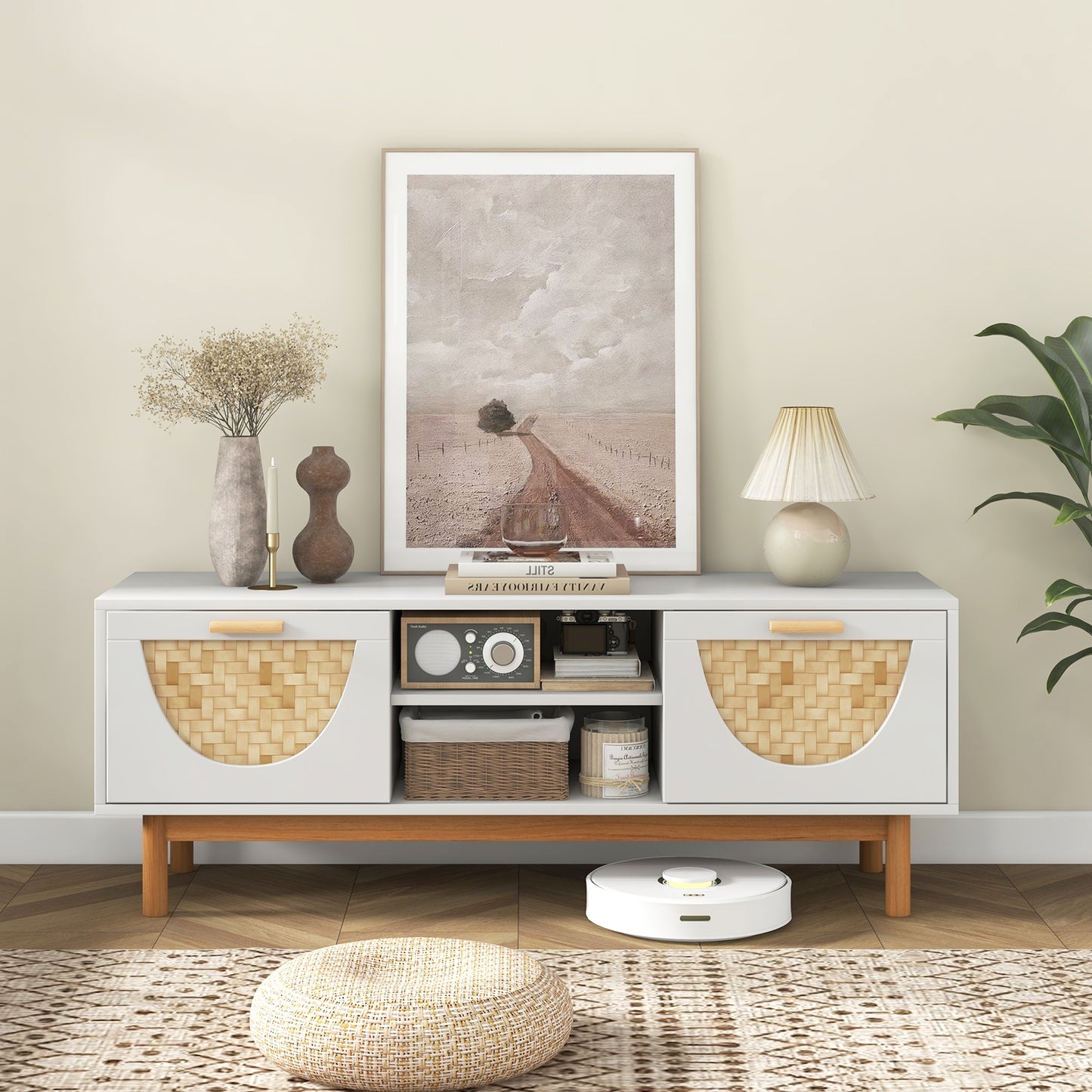 Mid Century Modern TV Stand Entertainment Center for 55-Inch TV with 2 Drawers and Bamboo Woven Fronts, White Entertainment Centers & TV Stands at Gallery Canada