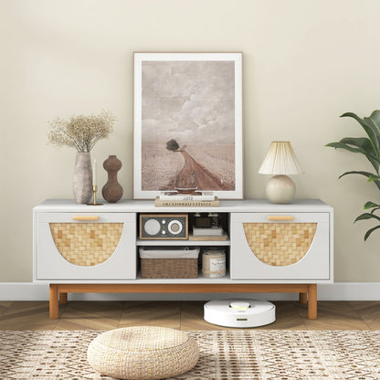Mid Century Modern TV Stand Entertainment Center for 55-Inch TV with 2 Drawers and Bamboo Woven Fronts, White Entertainment Centers & TV Stands at Gallery Canada