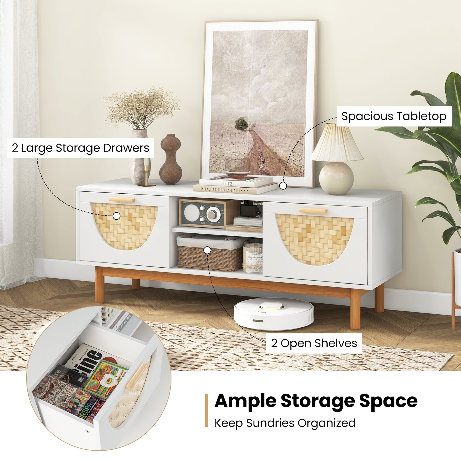 Mid Century Modern TV Stand Entertainment Center for 55-Inch TV with 2 Drawers and Bamboo Woven Fronts, White Entertainment Centers & TV Stands at Gallery Canada