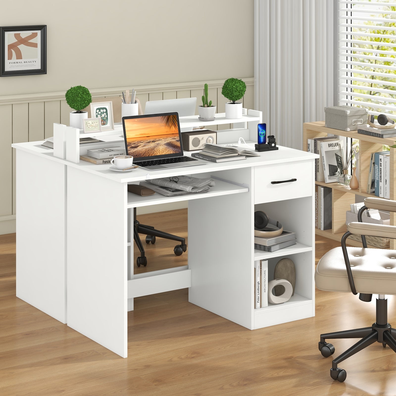 White Desk with Charging Station and Adjustable Shelf for Home Office, White Writing Desks at Gallery Canada