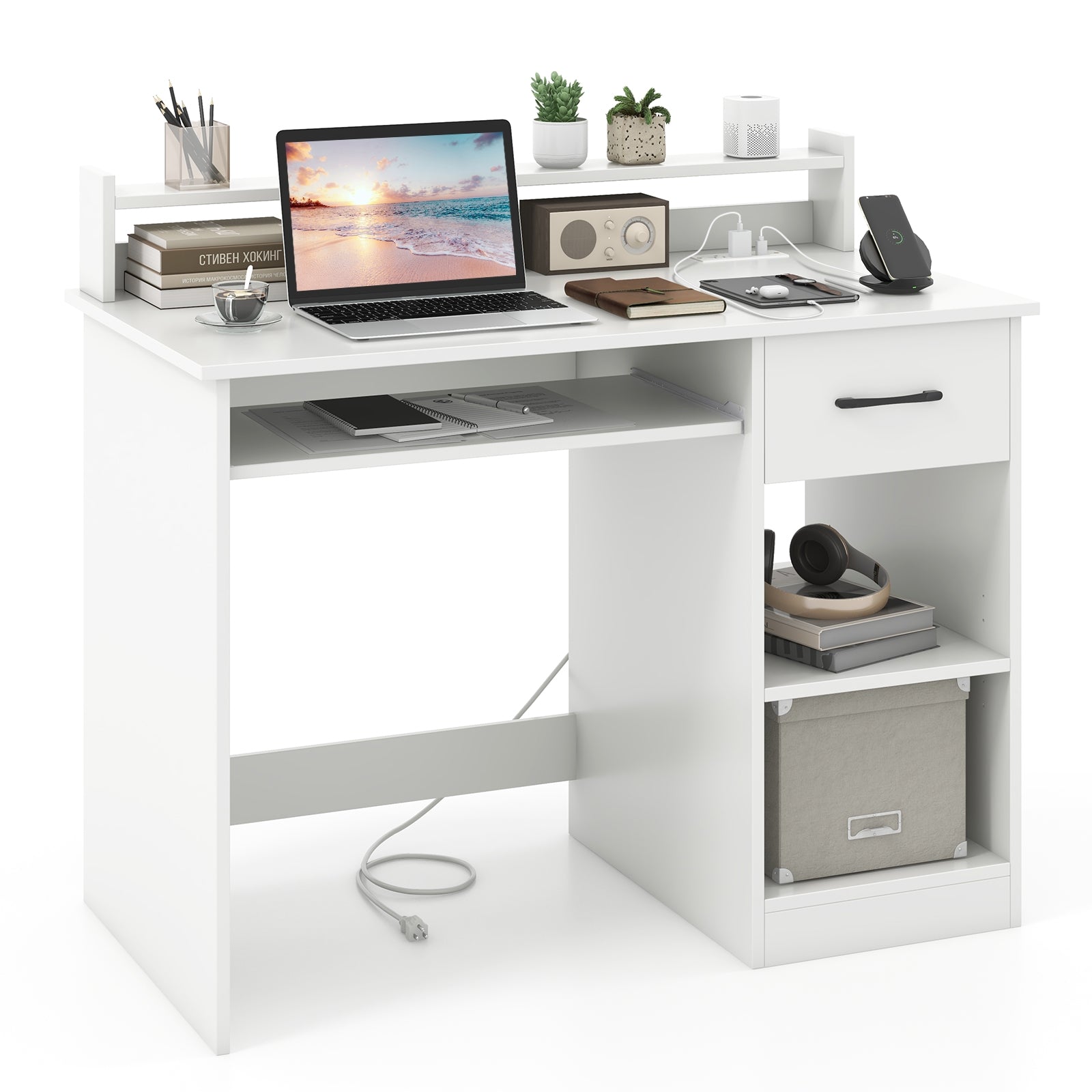 White Desk with Charging Station and Adjustable Shelf for Home Office, White Writing Desks White at Gallery Canada