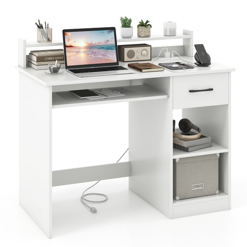 White Desk with Charging Station and Adjustable Shelf for Home Office, White