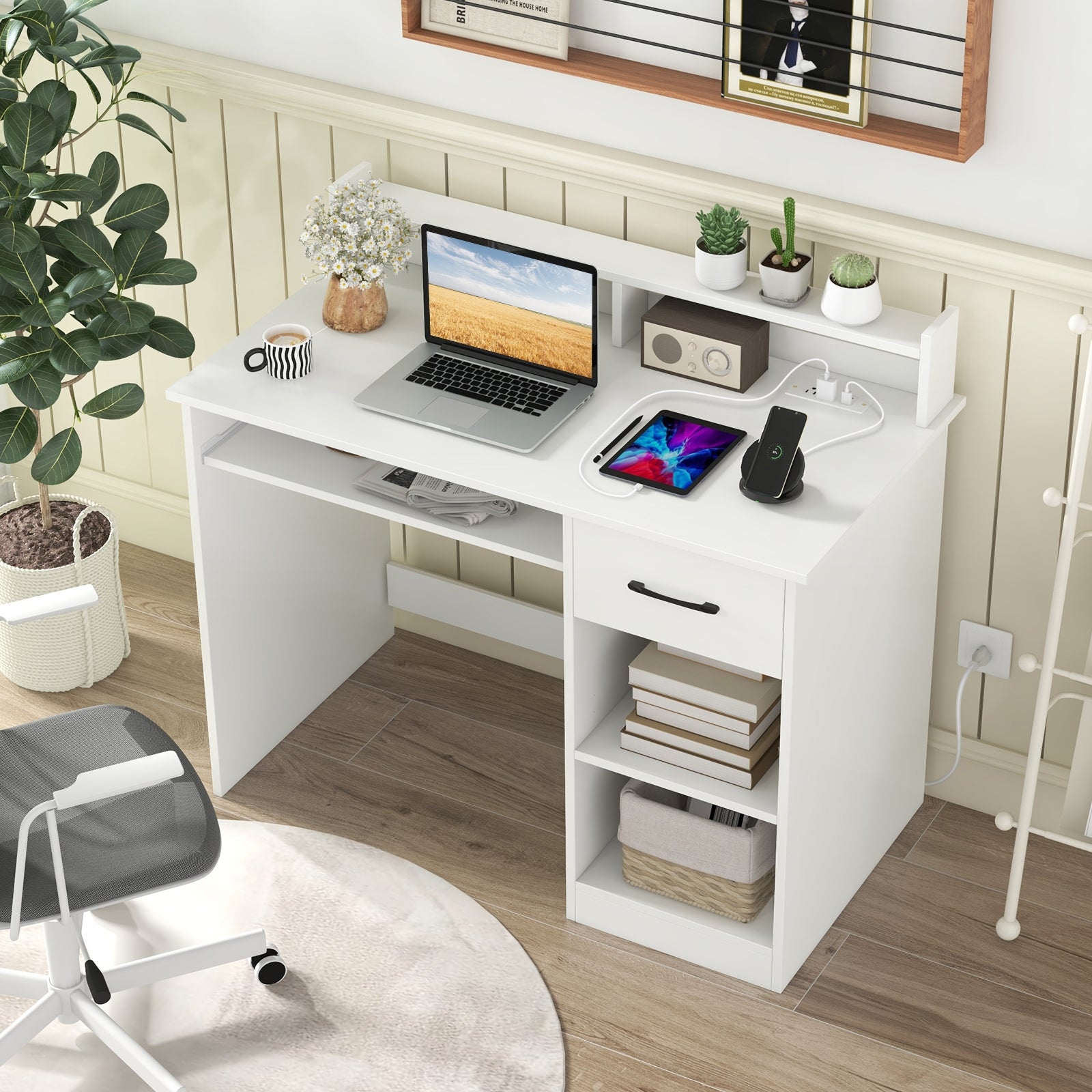 White Desk with Charging Station and Adjustable Shelf for Home Office, White Writing Desks at Gallery Canada