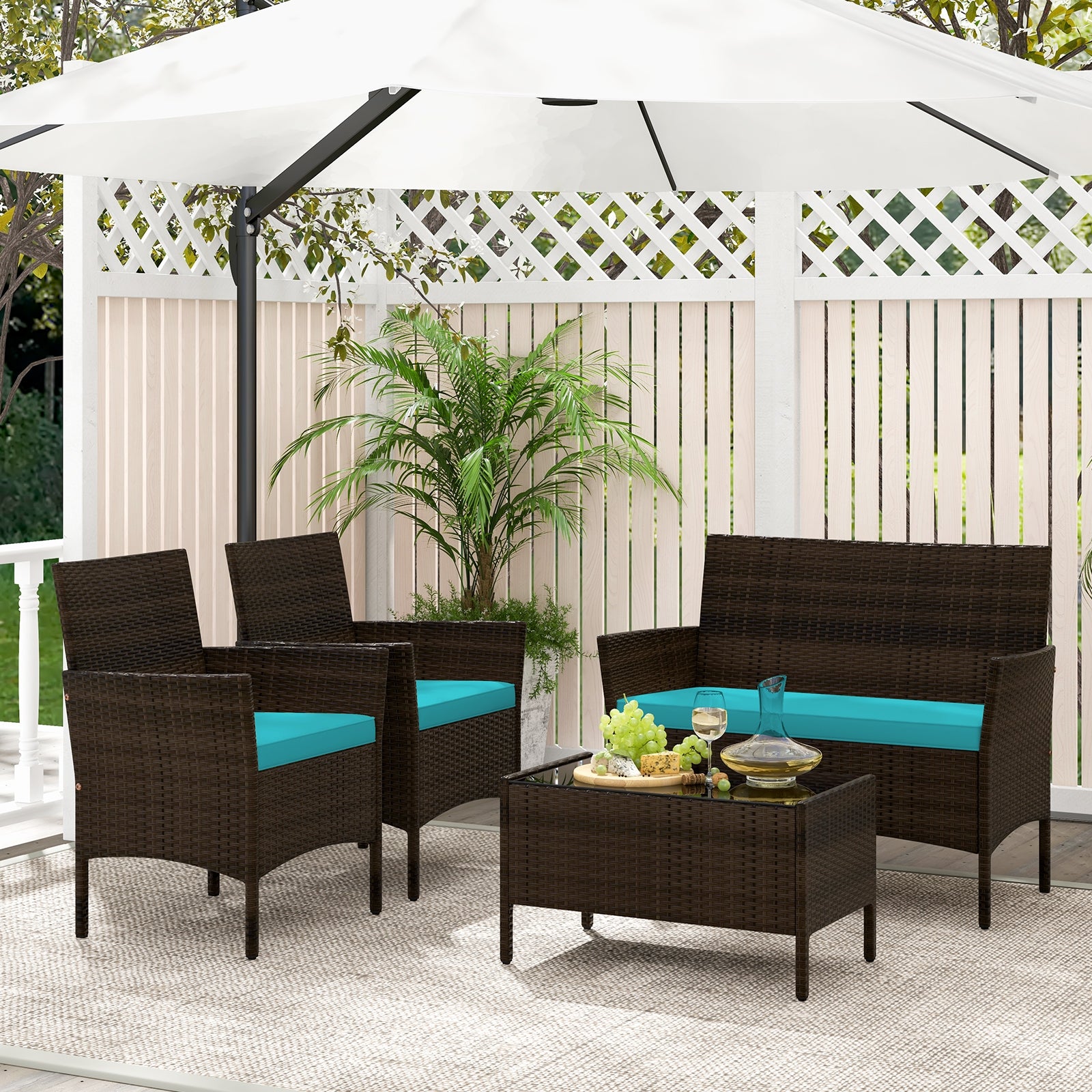 4 Piece Patio Rattan Conversation Set with Cozy Seat Cushions, Turquoise Patio Conversation Sets at Gallery Canada