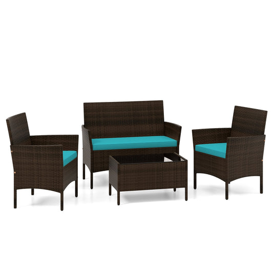 4 Piece Patio Rattan Conversation Set With Cozy Seat Cushions, Turquoise