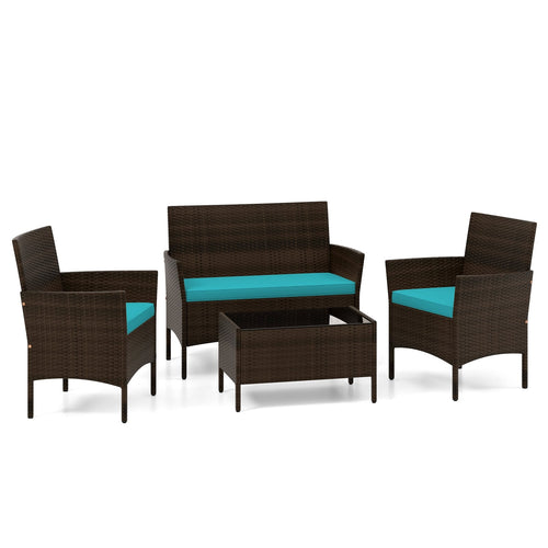 4 Piece Patio Rattan Conversation Set With Cozy Seat Cushions, Turquoise