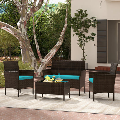 4 Piece Patio Rattan Conversation Set with Cozy Seat Cushions, Turquoise Patio Conversation Sets at Gallery Canada