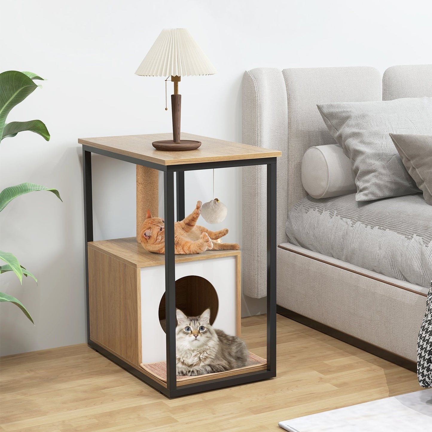 Cat Furniture End Table Cat House with Scratching Post, Natural
