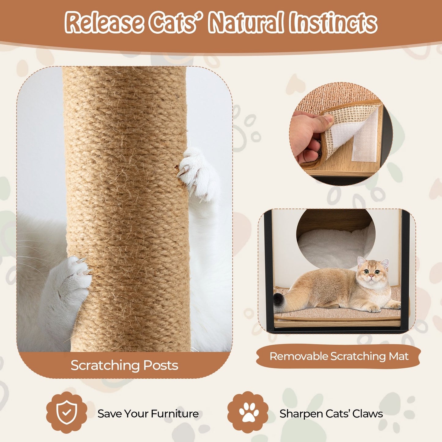 Cat Furniture End Table Cat House with Scratching Post, Natural