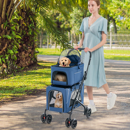 Double Pet Stroller Foldable 3-in-1 Dog Stroller with 2 Detachable Carriers, Blue Dog Supplies at Gallery Canada