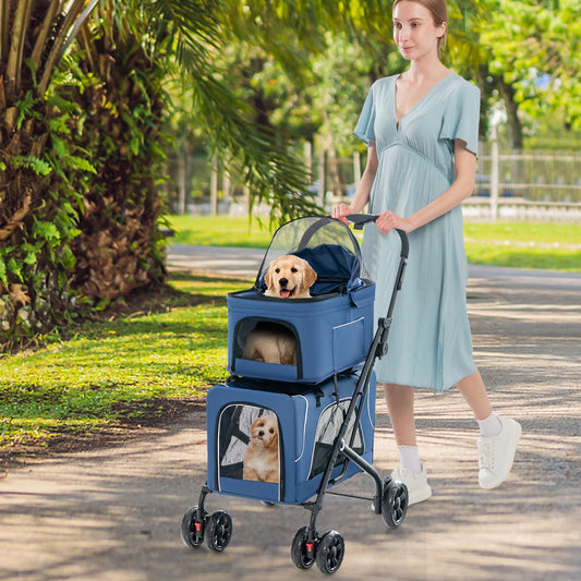 Double Pet Stroller Foldable 3-in-1 Dog Stroller with 2 Detachable Carriers, Blue - Gallery Canada