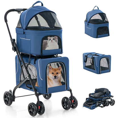 Double Pet Stroller Foldable 3-in-1 Dog Stroller with 2 Detachable Carriers, Blue Dog Supplies at Gallery Canada