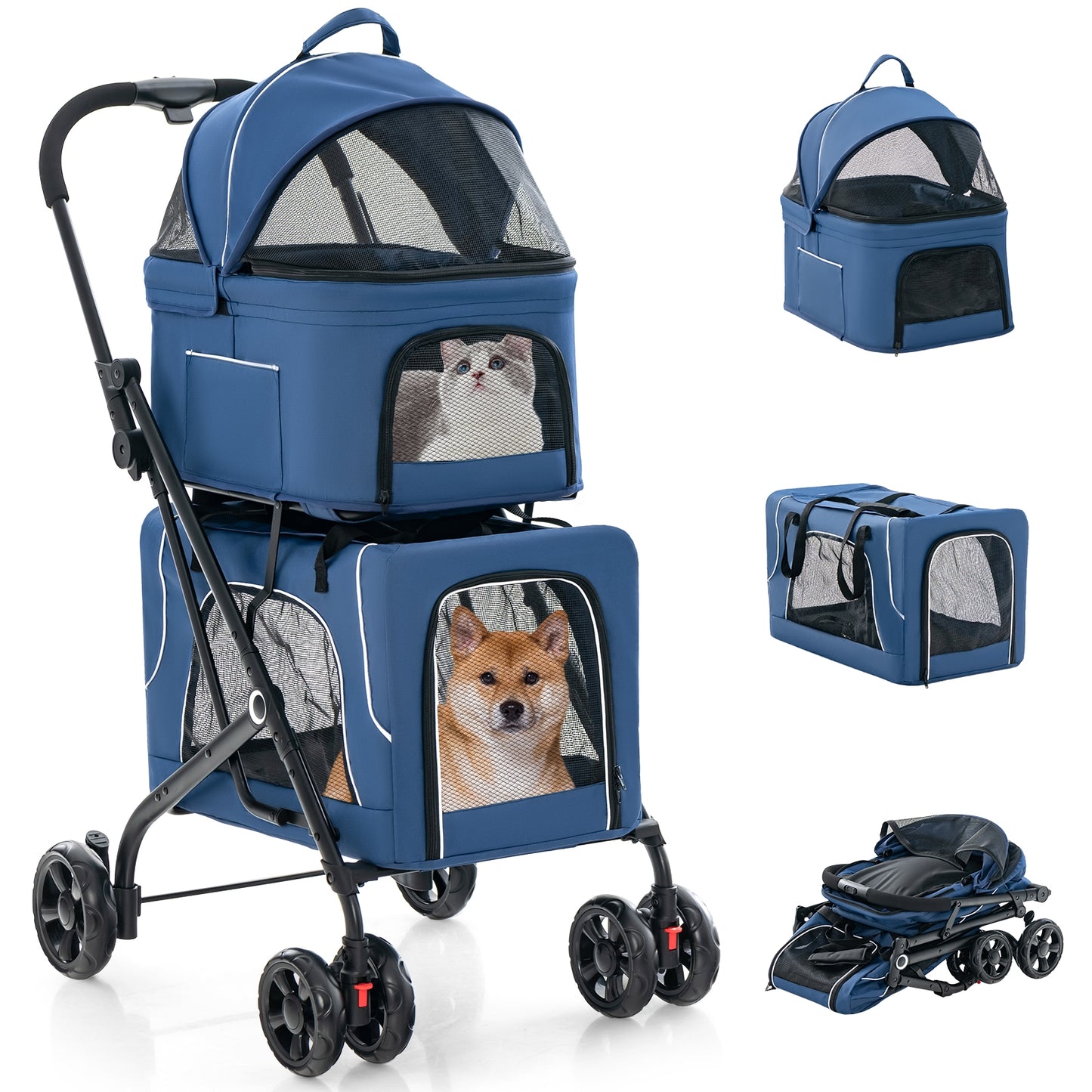 Double Pet Stroller Foldable 3-in-1 Dog Stroller with 2 Detachable Carriers, Blue Dog Supplies Blue at Gallery Canada