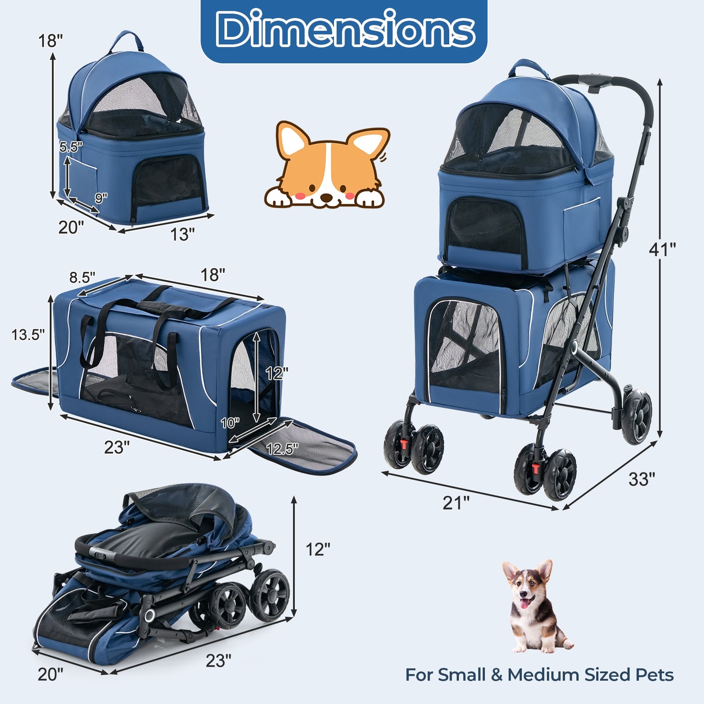 Double Pet Stroller Foldable 3-in-1 Dog Stroller with 2 Detachable Carriers, Blue Dog Supplies at Gallery Canada