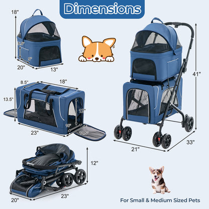 Double Pet Stroller Foldable 3-in-1 Dog Stroller with 2 Detachable Carriers, Blue Dog Supplies at Gallery Canada