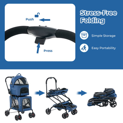 Double Pet Stroller Foldable 3-in-1 Dog Stroller with 2 Detachable Carriers, Blue Dog Supplies at Gallery Canada