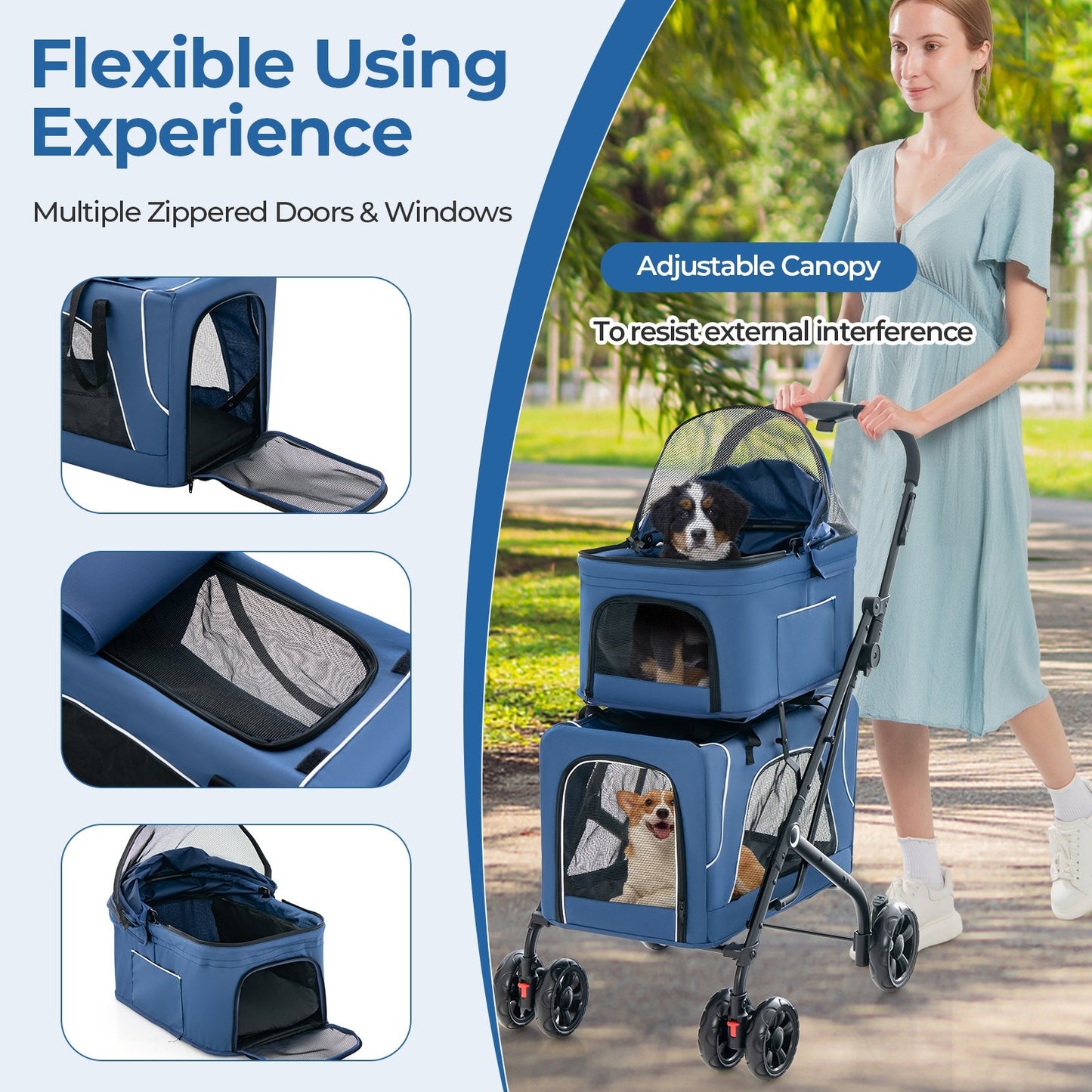 Double Pet Stroller Foldable 3-in-1 Dog Stroller with 2 Detachable Carriers, Blue