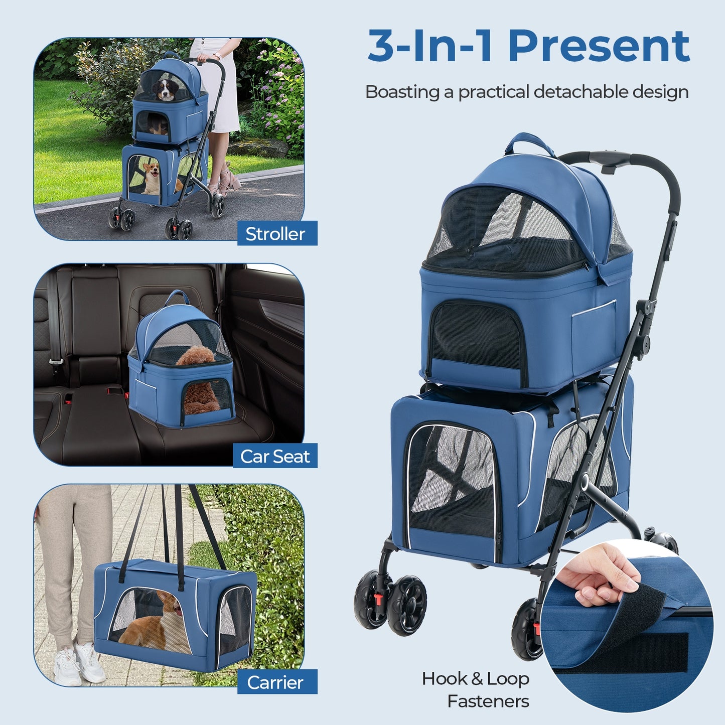 Double Pet Stroller Foldable 3-in-1 Dog Stroller with 2 Detachable Carriers, Blue Dog Supplies at Gallery Canada
