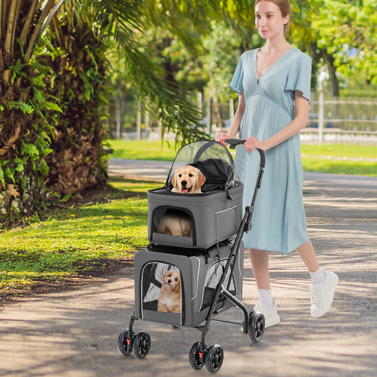 Double Pet Stroller Foldable 3-in-1 Dog Stroller with 2 Detachable Carriers, Gray - Gallery Canada
