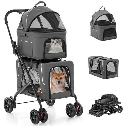 Double Pet Stroller Foldable 3-in-1 Dog Stroller with 2 Detachable Carriers, Gray - Gallery Canada