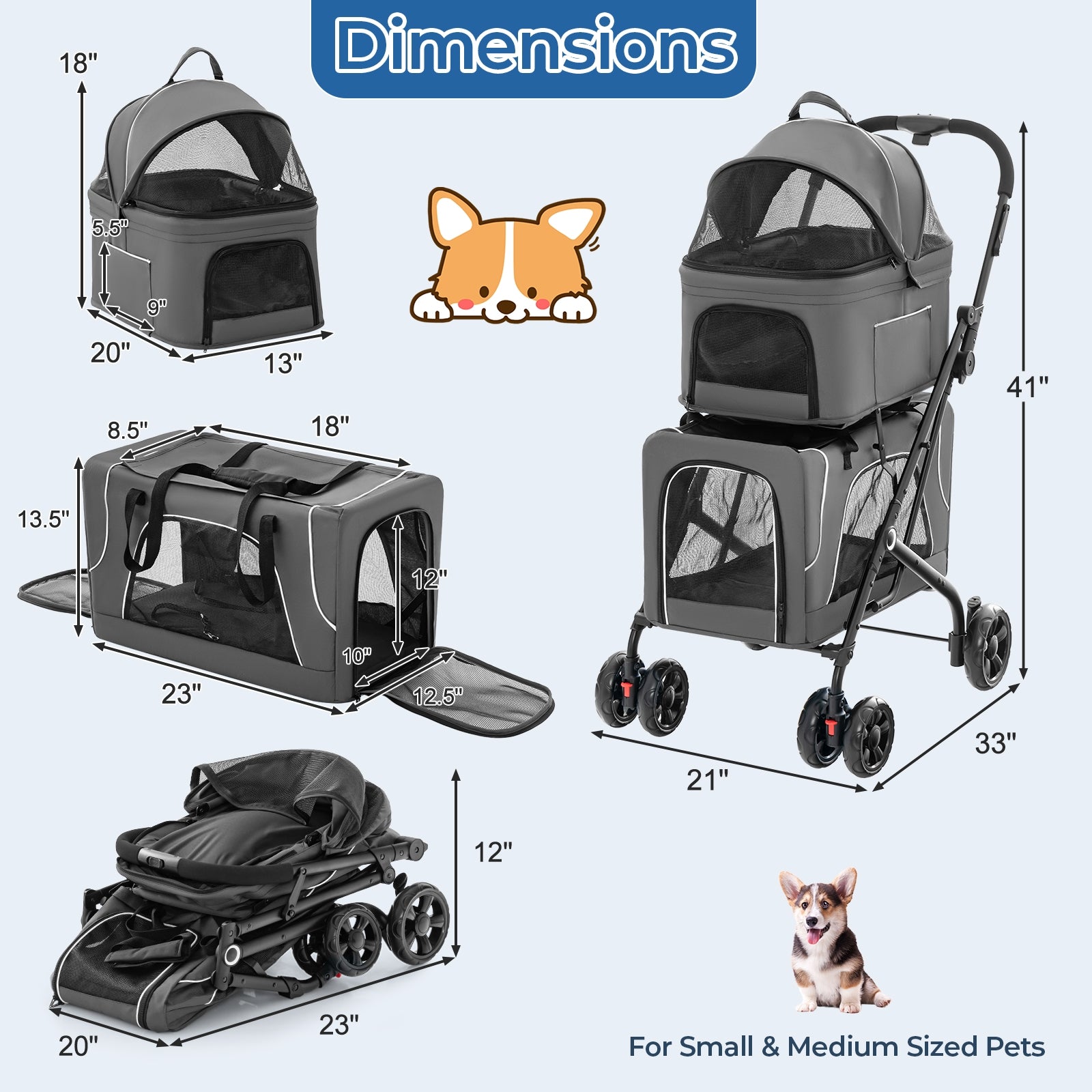 Double Pet Stroller Foldable 3-in-1 Dog Stroller with 2 Detachable Carriers, Gray Dog Supplies at Gallery Canada