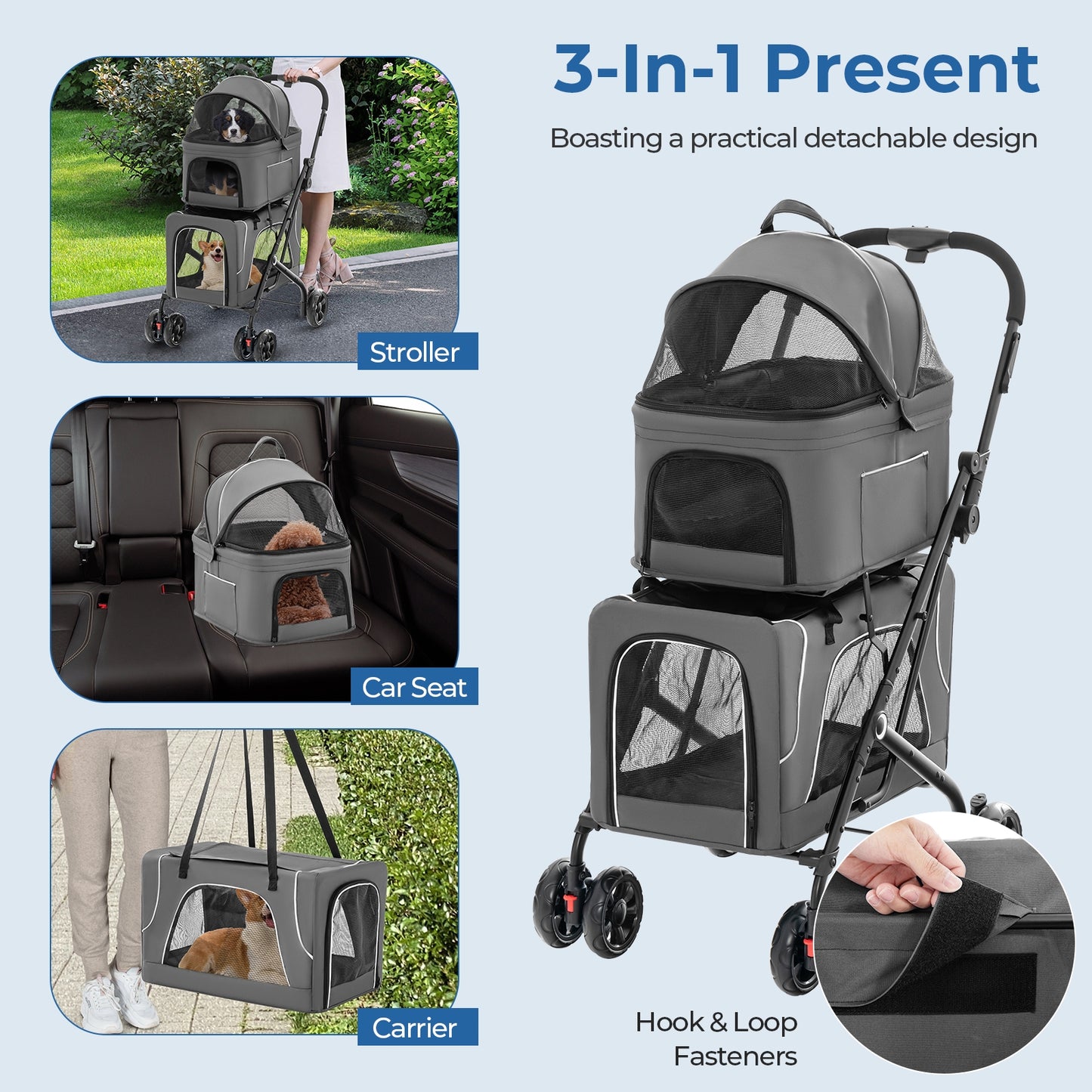 Double Pet Stroller Foldable 3-in-1 Dog Stroller with 2 Detachable Carriers, Gray Dog Supplies at Gallery Canada
