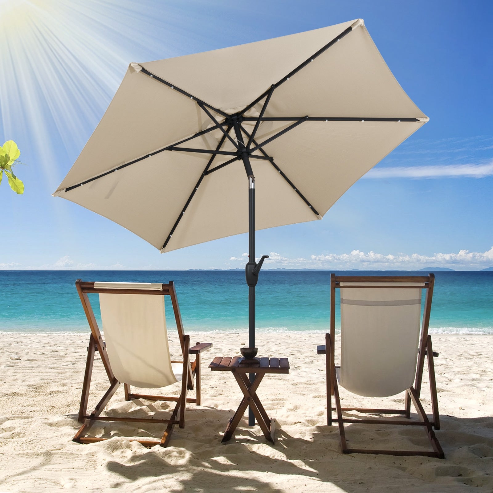 7.5 Feet Solar Powered Patio Umbrella with LED Lights and Crank Handle, Beige Outdoor Umbrellas at Gallery Canada