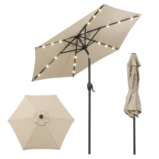 7.5 Feet Solar Patio Umbrella, LED Lights, Crank Handle, Beige Outdoor Umbrellas Beige at Gallery Canada