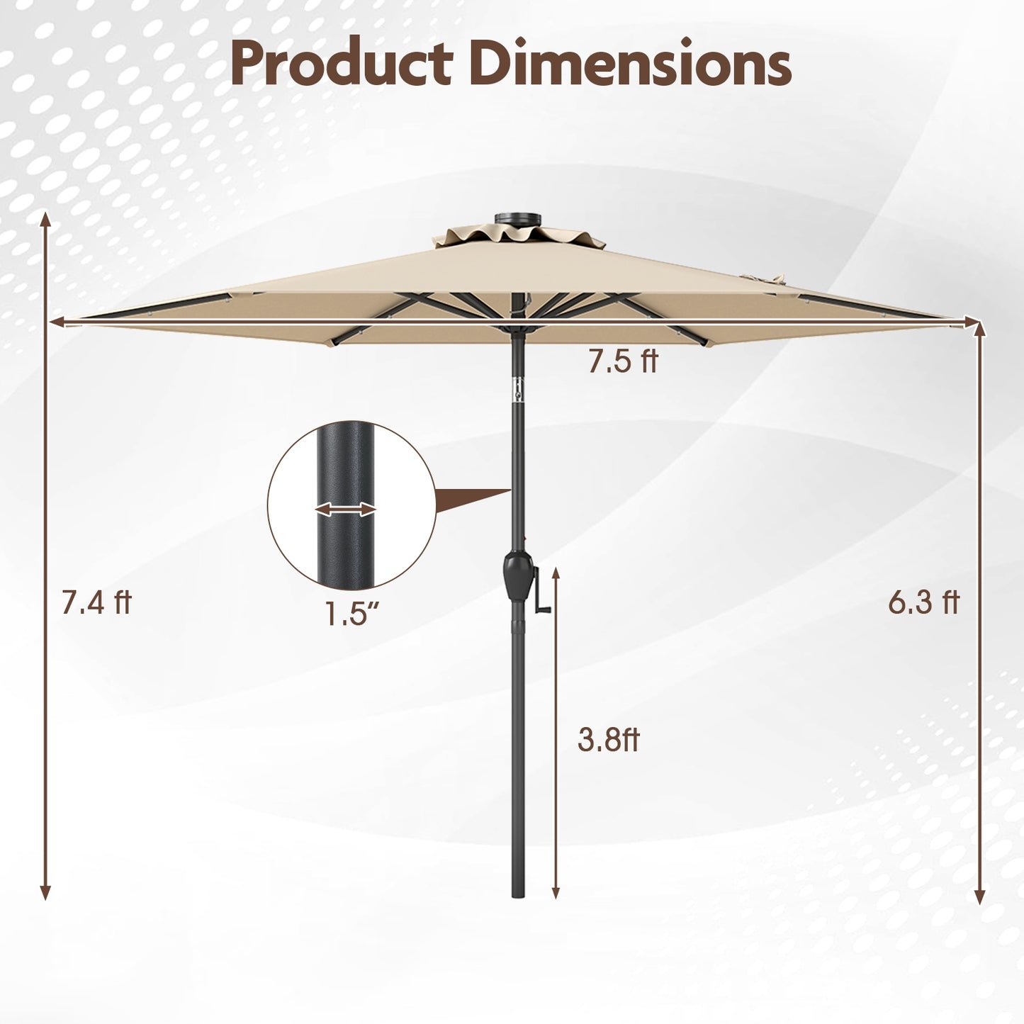 7.5 Feet Solar Powered Patio Umbrella with LED Lights and Crank Handle, Beige Outdoor Umbrellas at Gallery Canada