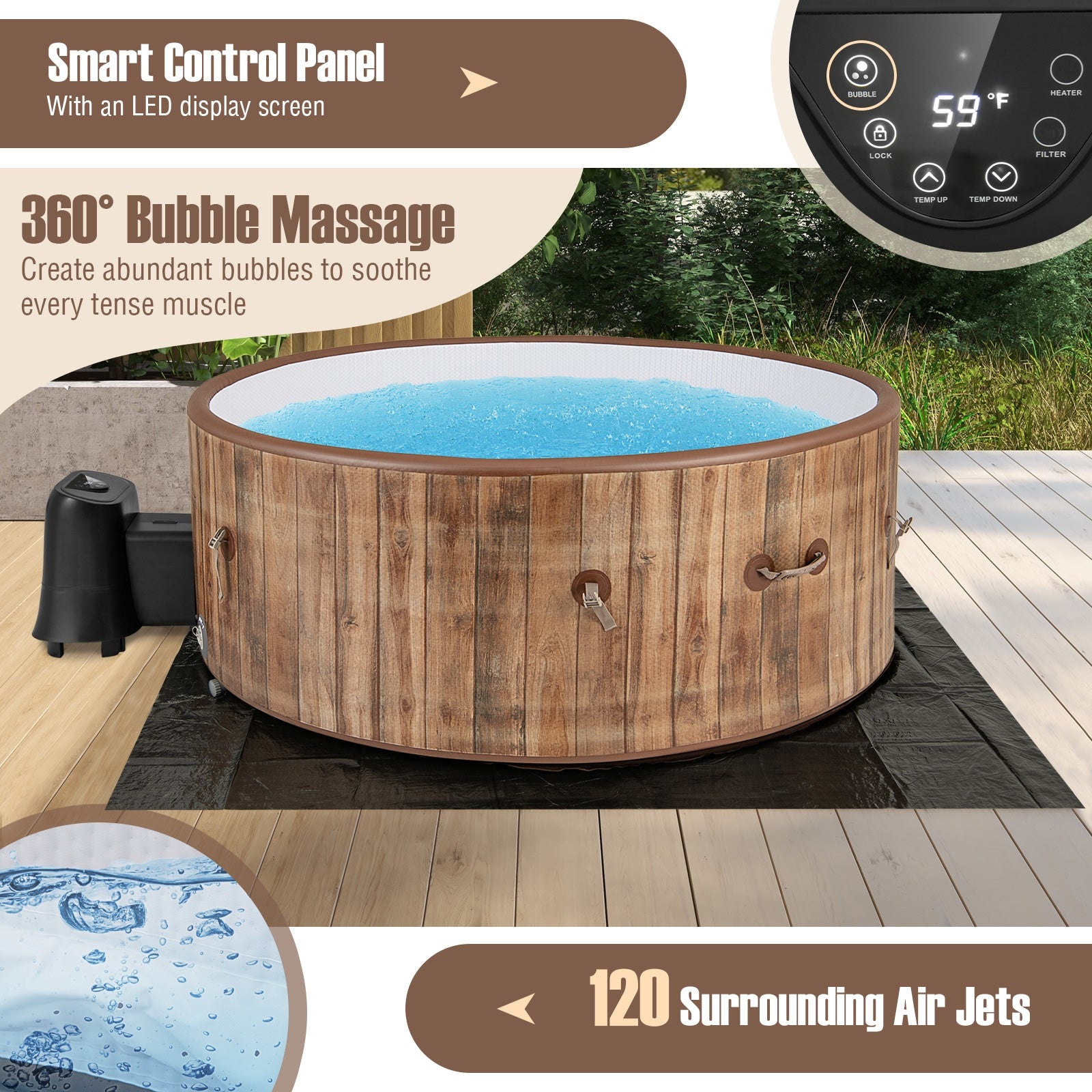72 Inches Inflatable Hot Tub, 120 Air Jets, Heater Pump, 4-6 Person, Coffee Swimming Pools at Gallery Canada