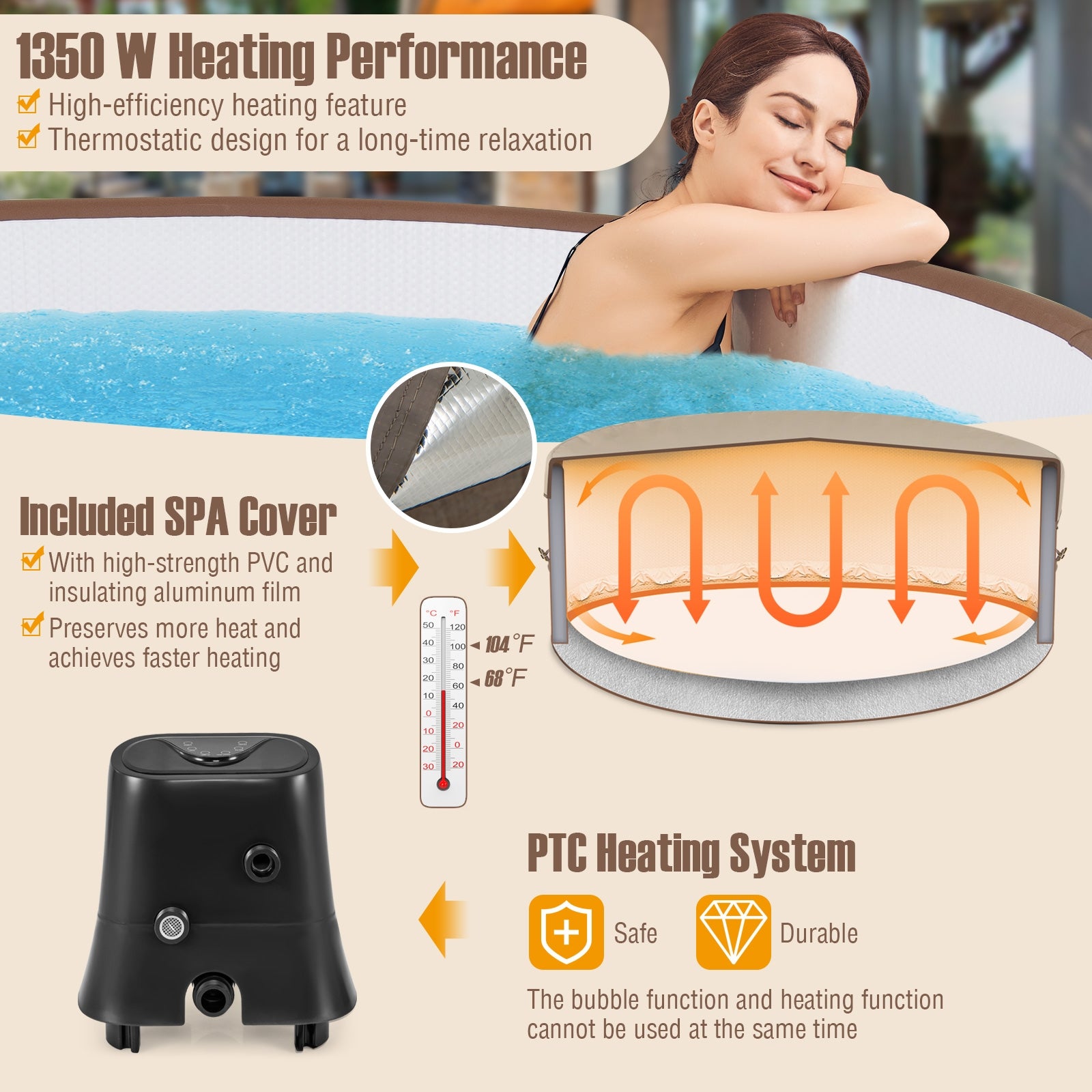 72 Inches Inflatable Hot Tub, 120 Air Jets, Heater Pump, 4-6 Person, Coffee Swimming Pools at Gallery Canada
