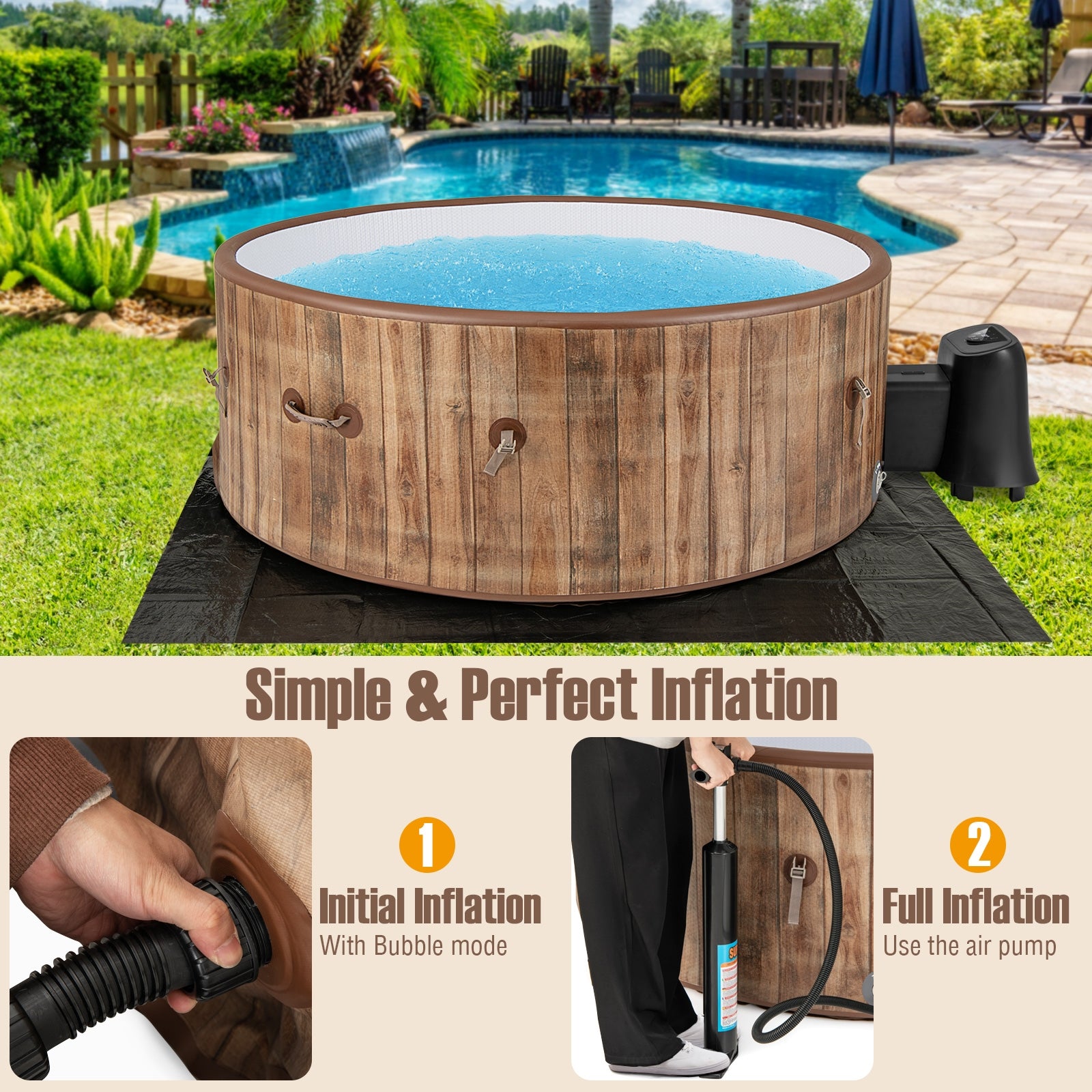 72 Inches Inflatable Hot Tub, 120 Air Jets, Heater Pump, 4-6 Person, Coffee Swimming Pools at Gallery Canada