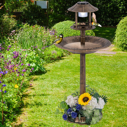 Pedestal Bird Bath with Solar Light with Bird Feeder and Flower Planter, Bronze