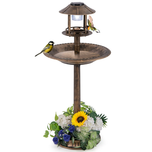 Pedestal Bird Bath With Solar Light, Feeder, Planter, Bronze