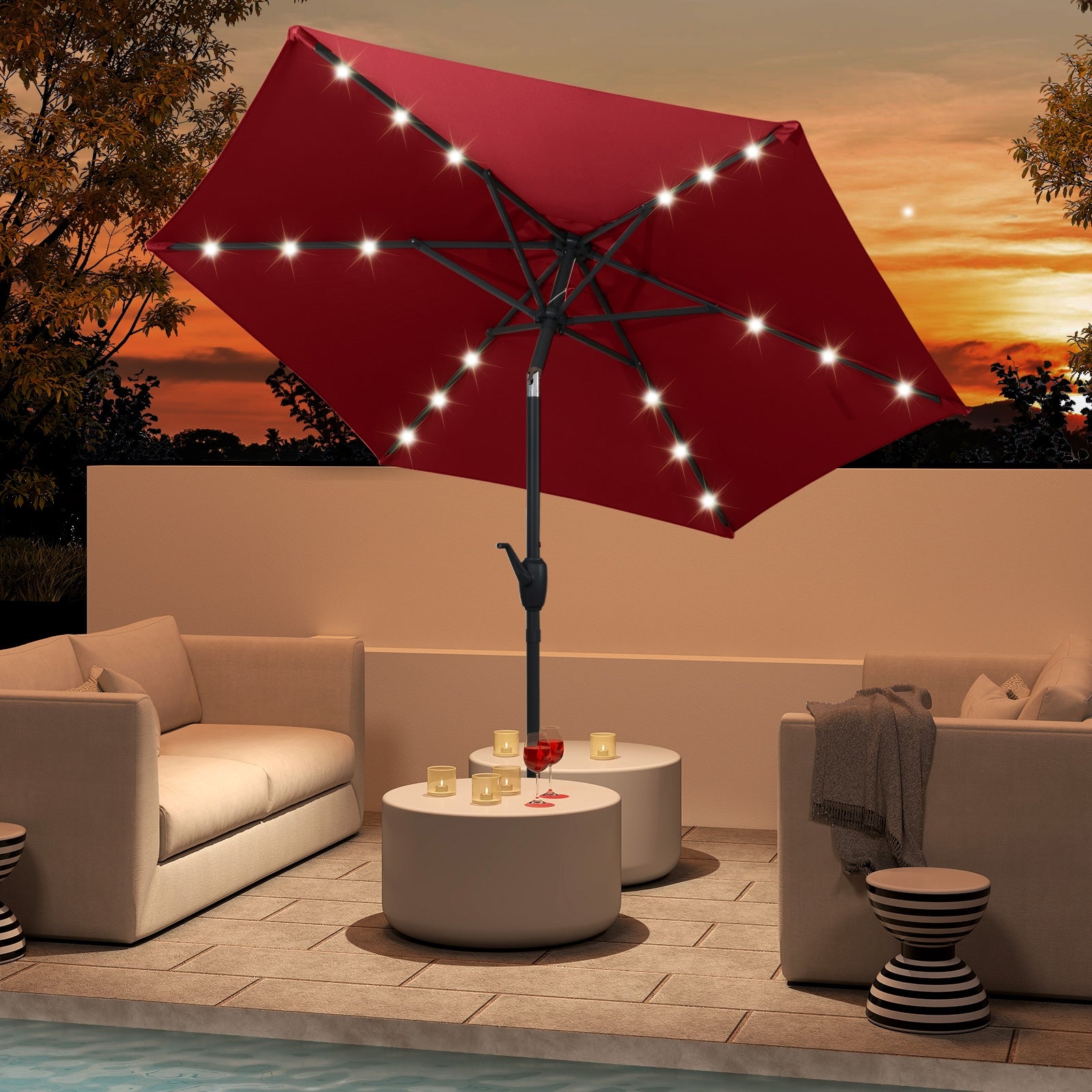 7.5 Feet Solar Powered Patio Umbrella with LED Lights and Crank Handle, Burgundy Outdoor Umbrellas at Gallery Canada